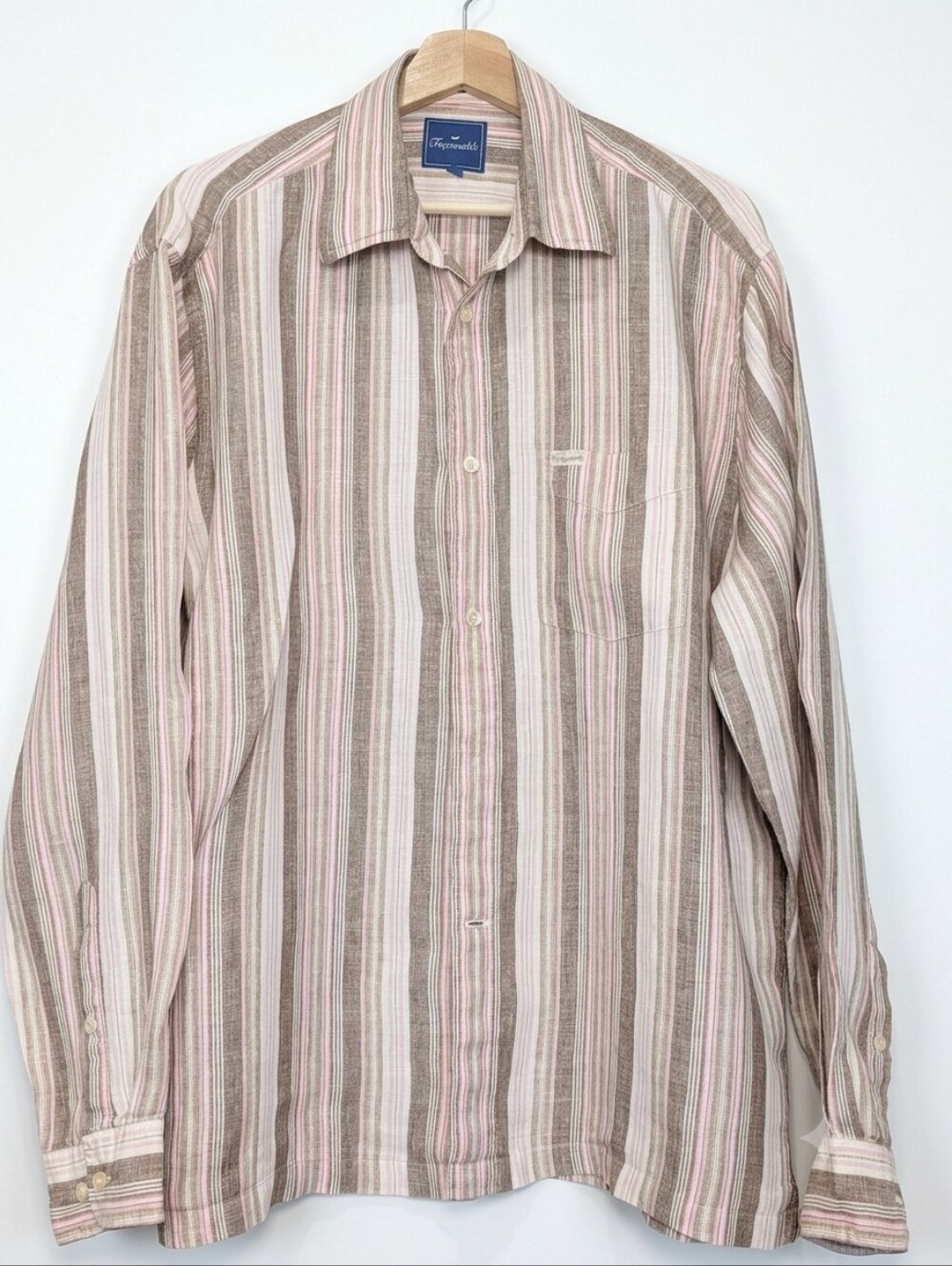 Linen Shirt Faconnable Mens Large L Brown Pink Striped Long Sleeve Button...